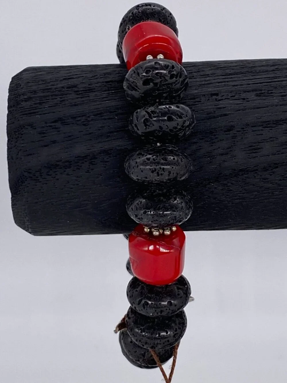 Carol Bradley Bracelet Black Lava Rock Red Coral Sterling Silver 925 Clasp